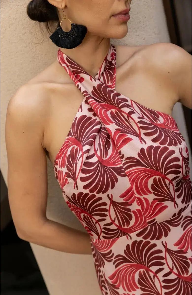 Rewritten Jamie Ruffle Skirt Halter NeckDress, Alternate, color, Pink Fan Print