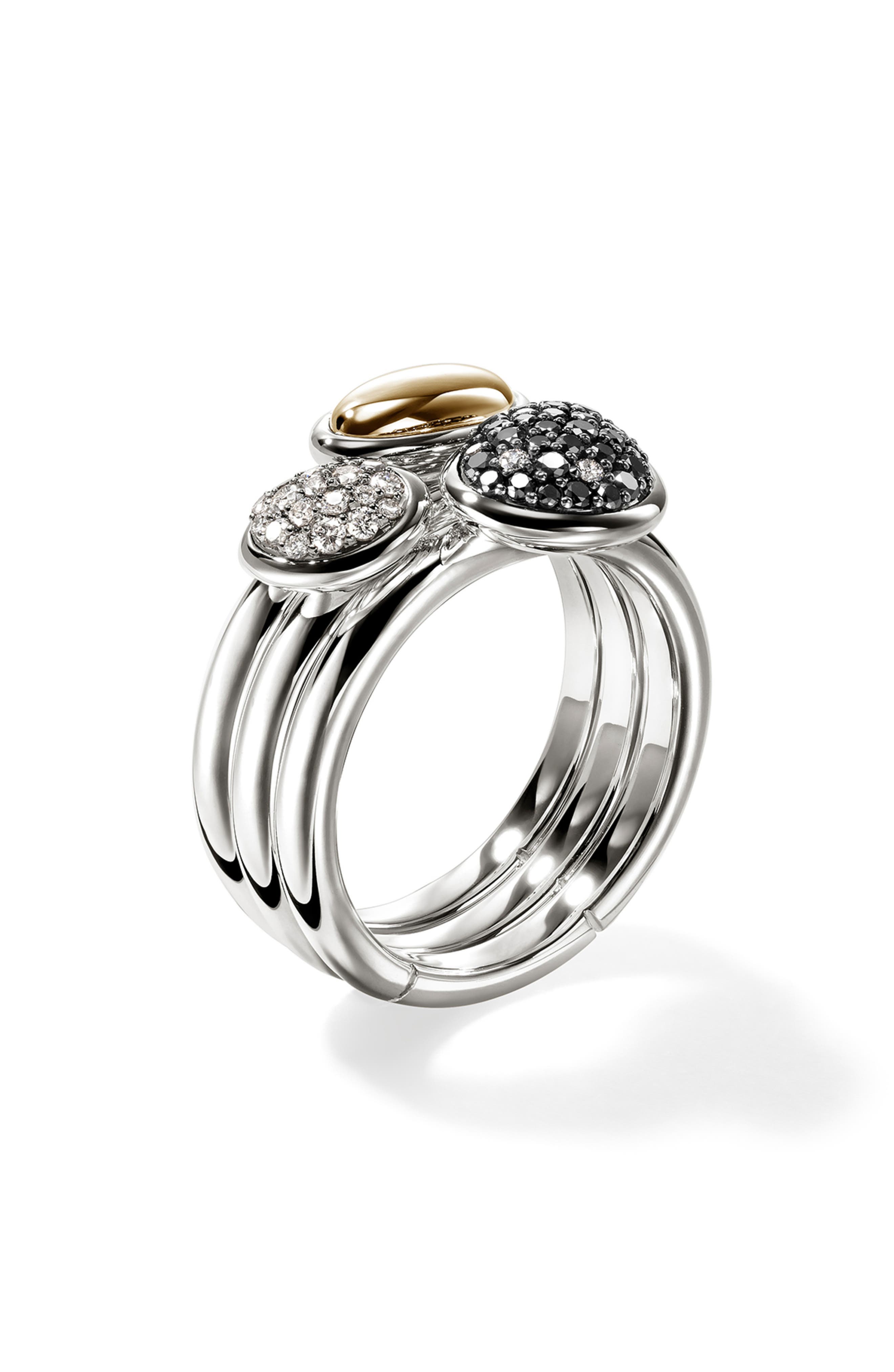 John Hardy Pebble Stacking Rings, Sterling Silver, Gold, Black Sand Diamond Pavé