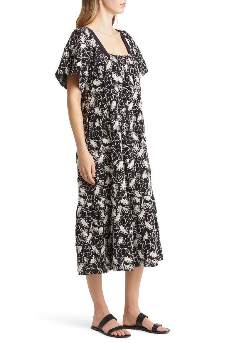 Neia Floral Embroidered Cotton A-Line Dress, Alternate, color, BLACK