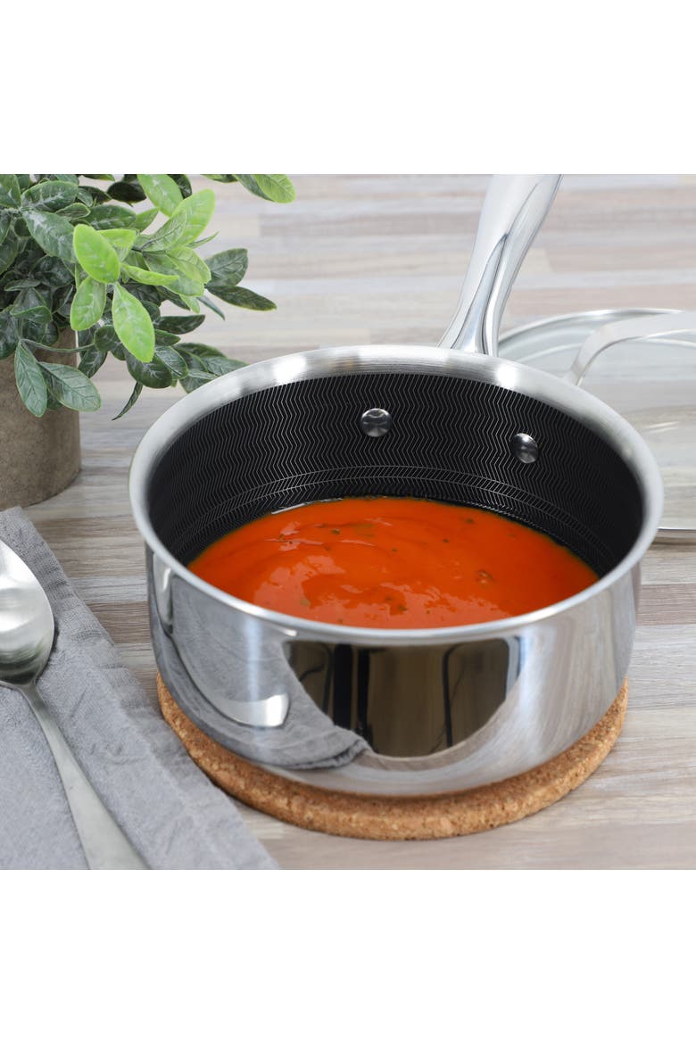 Modessa 2.5 Quart Nonstick Triply Stainless Steel Saucepan and Lid with Honeycomb Design, Alternate, color, Metallic Silver