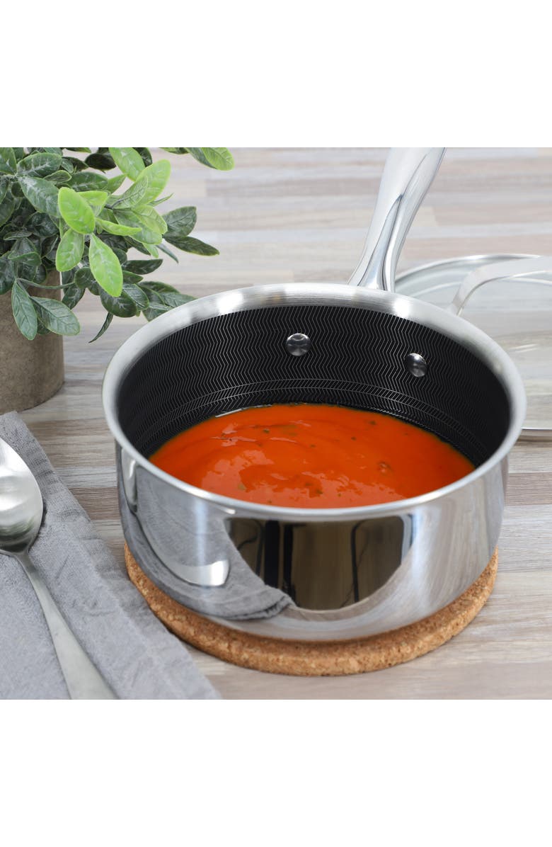 OSTER Modessa 2.5 Quart Nonstick Triply Stainless Steel Saucepan and Lid with Honeycomb Design, Alternate, color, Metallic Silver