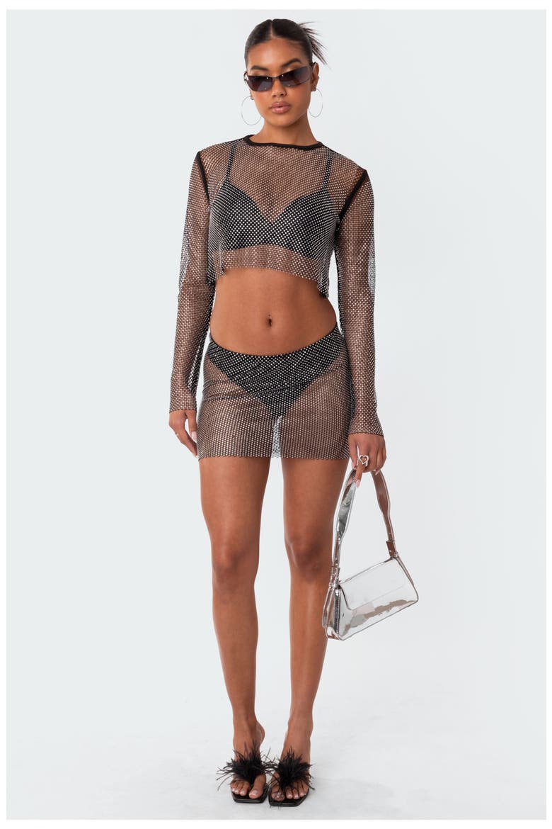 Embellished Sheer Fishnet Crop Top, Alternate, color, SILVER