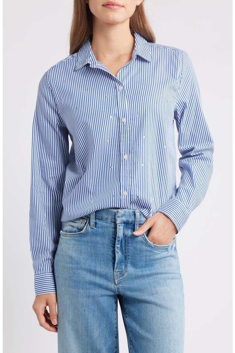 Lynden Embellished Stripe Cotton Blend Button-Up Shirt, Main, color, BLUE STONE