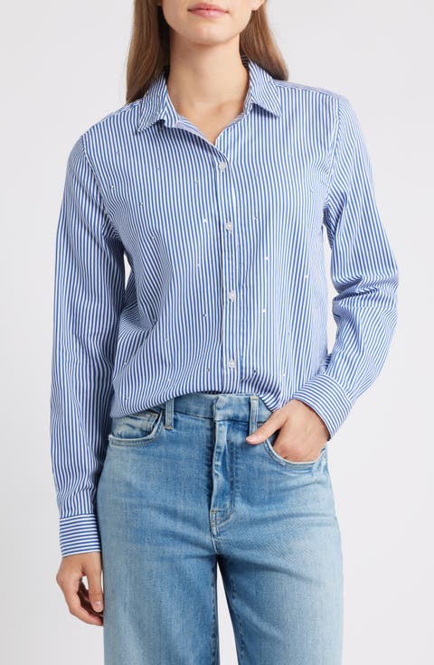 Lynden Embellished Stripe Cotton Blend Button-Up Shirt