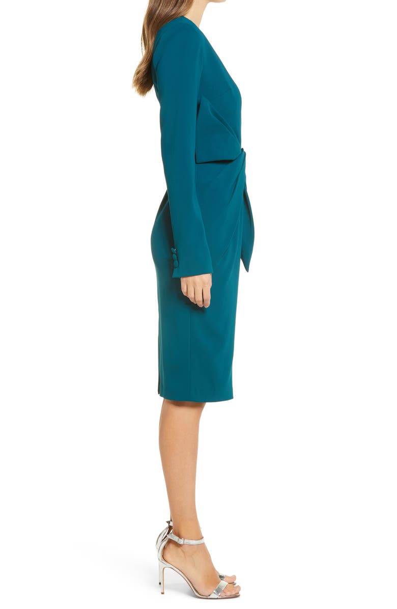 Badgley Mischka Collection Asymmetrical Bow Waist Long Sleeve Dress, Alternate, color,