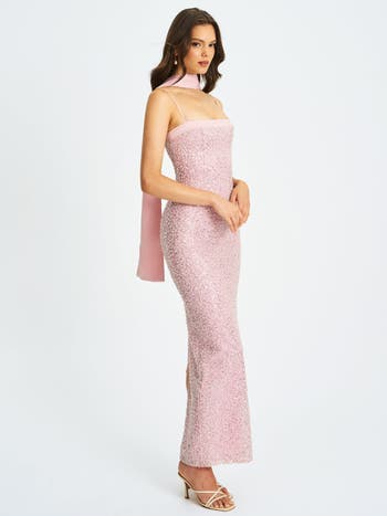 Raizel Beaded Sequin Bodycon Gown with Scarf