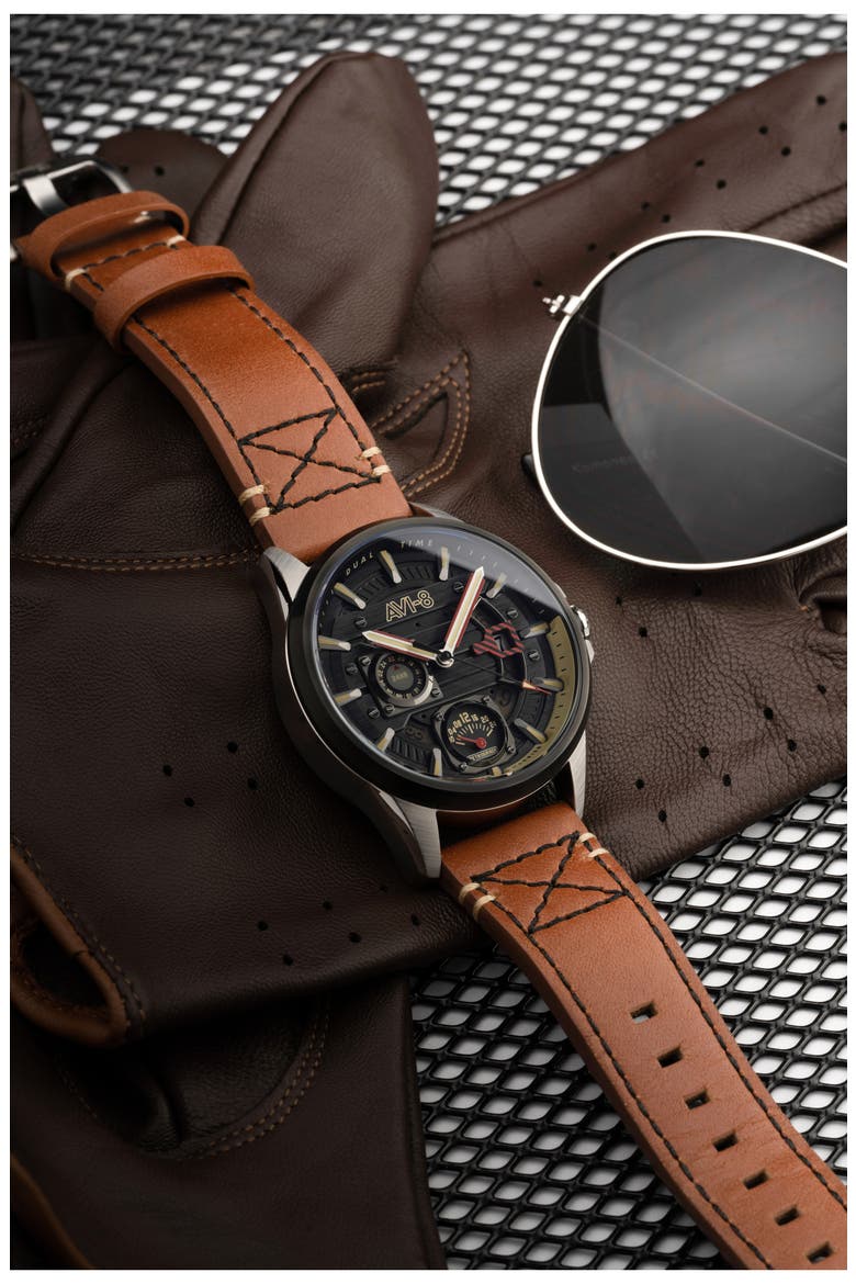 Hawker Harrier Farley Leather Strap Watch, 44mm, Alternate, color, BLACK