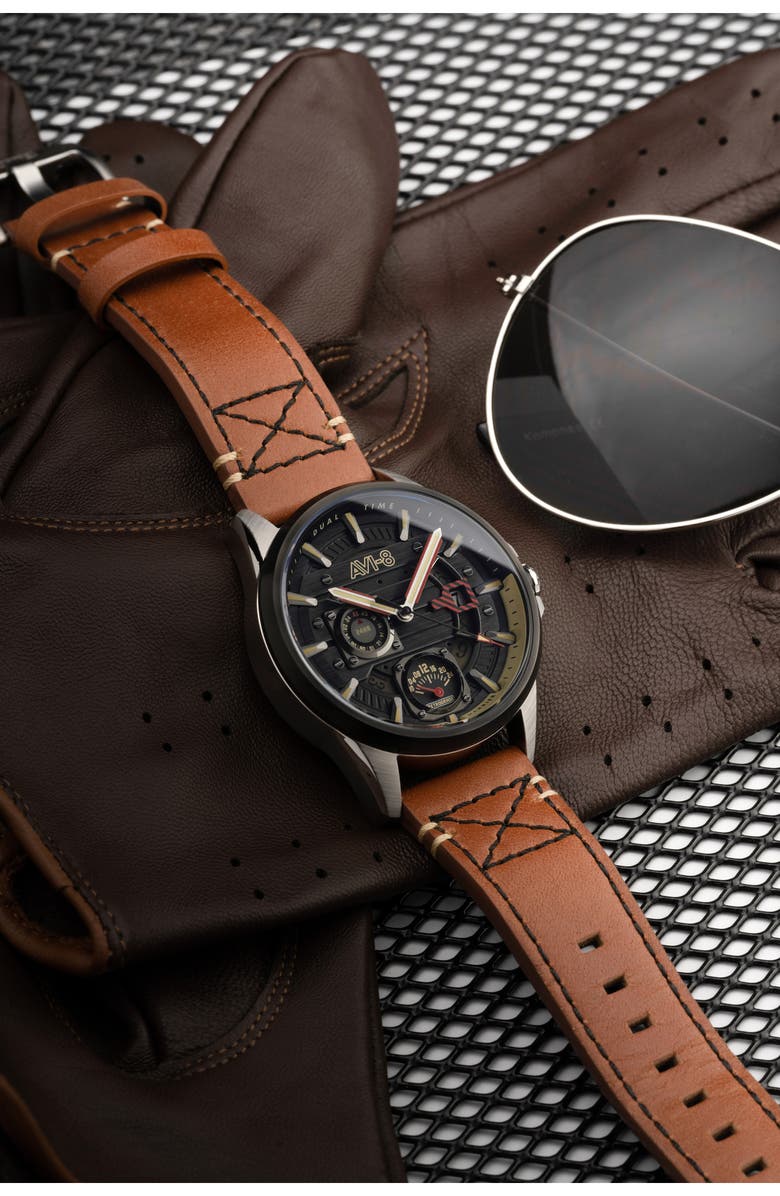 AVI-8 Hawker Harrier Farley Leather Strap Watch, 44mm, Alternate, color, Black