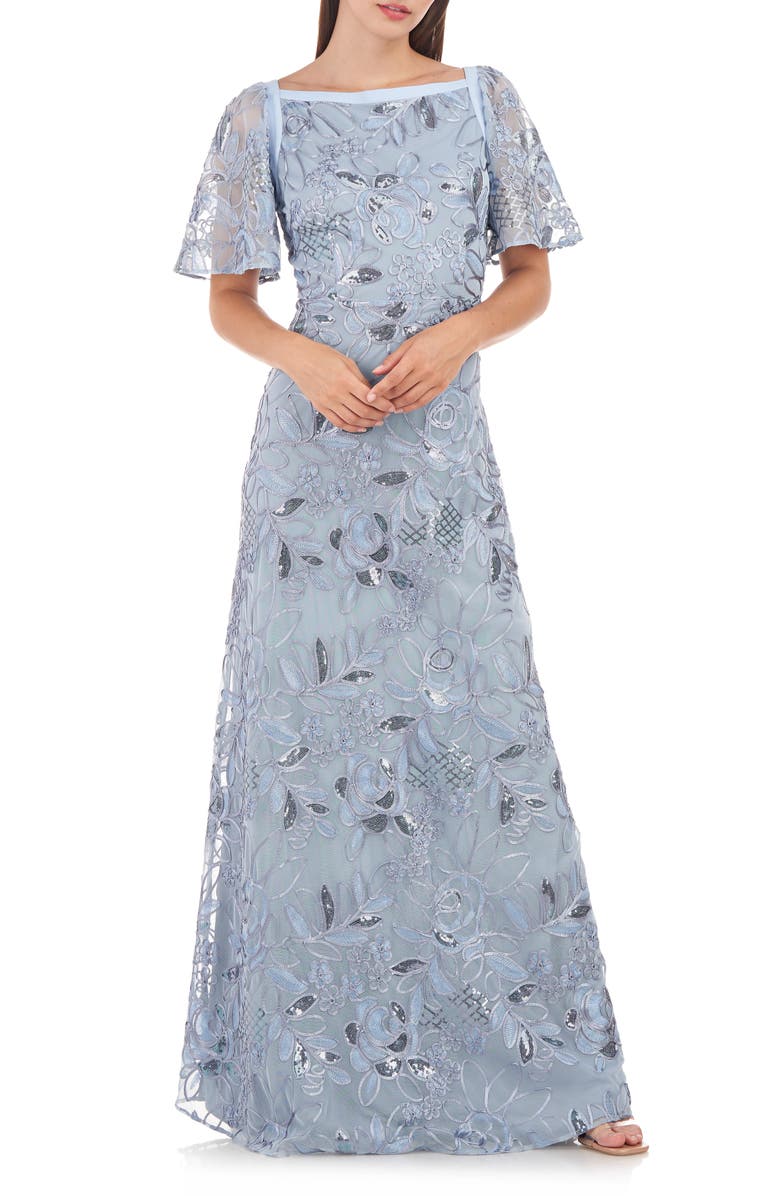 JS Collections Yvonne Sequin Flutter Sleeve A-Line Gown, Main, color,