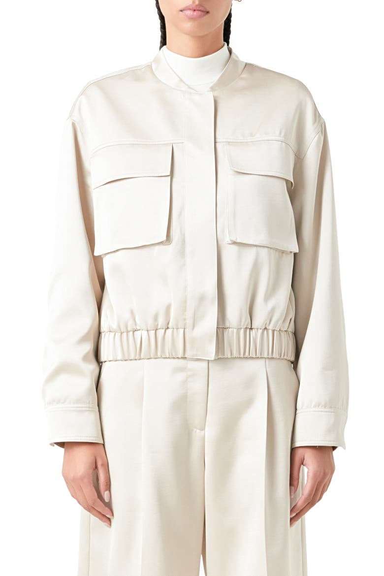 Cargo Pocket Satin Bomber Jacket, Main, color, CREAM