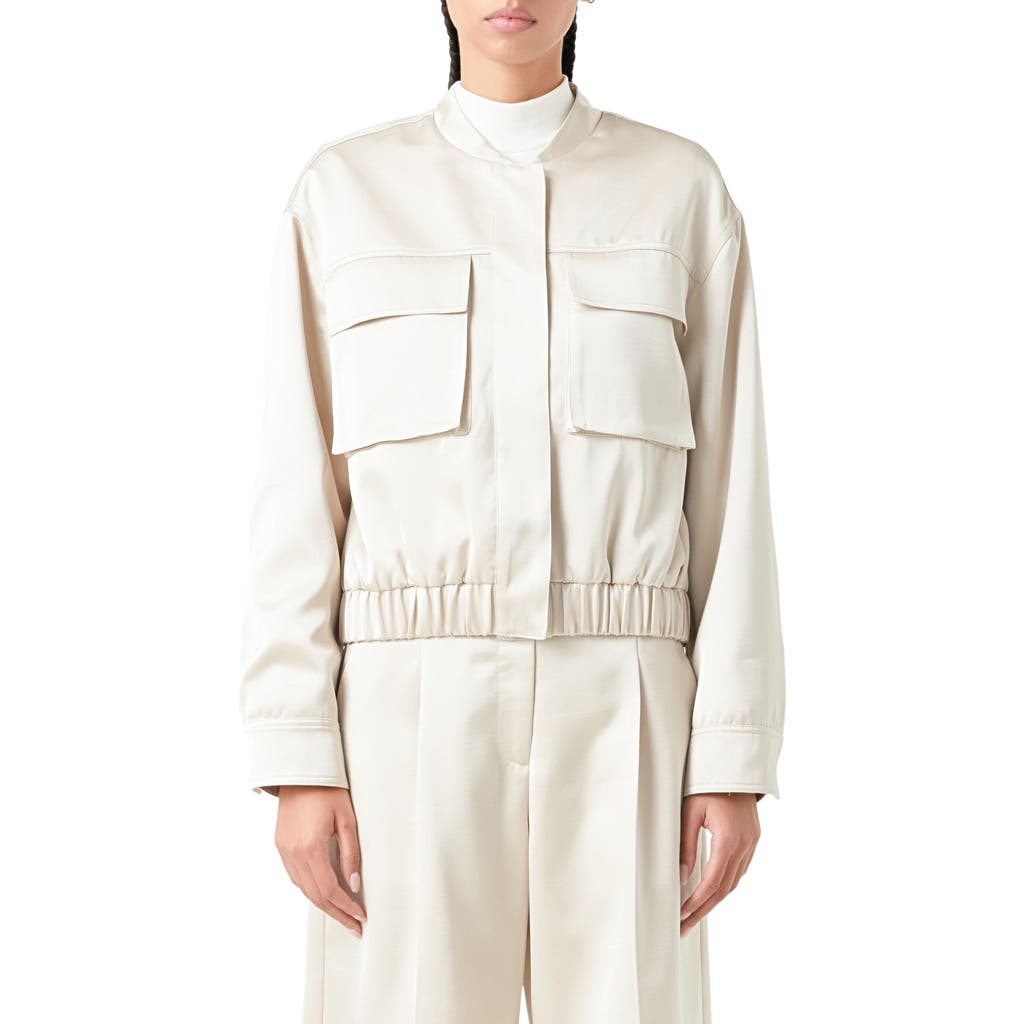 Grey Lab Cargo Pocket Satin Bomber Jacket In Cream