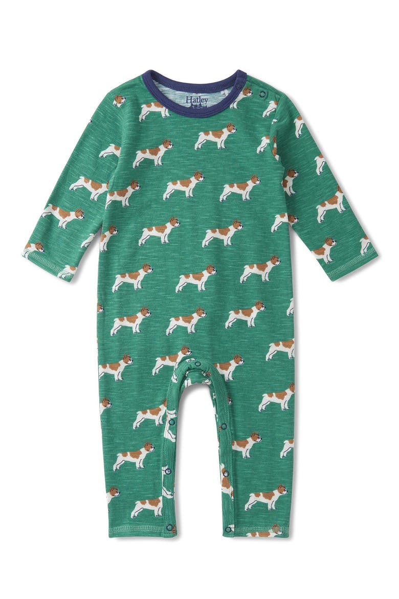 Friendly Bulldogs Cotton Romper, Main, color, GREEN