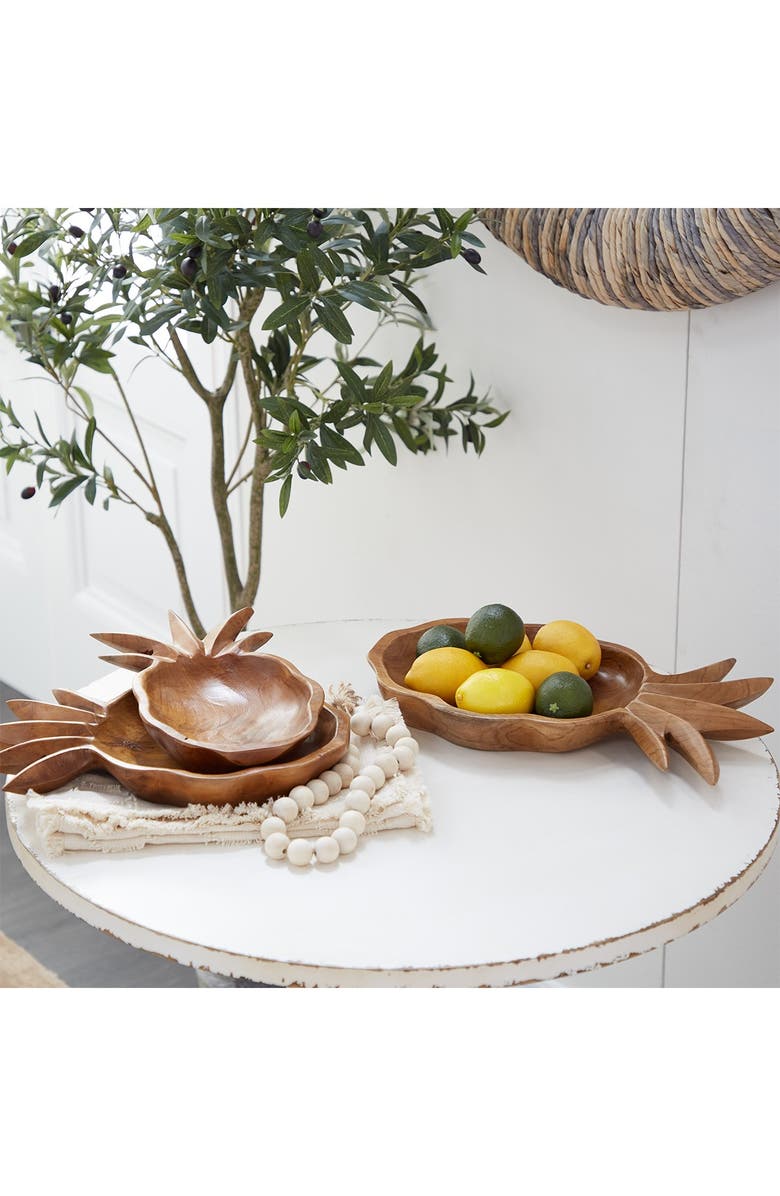 GINGER BIRCH STUDIO Brown Teakwood Handmade Pineapple Fruit Decorative Bowl - Set of 3, Alternate, color, 