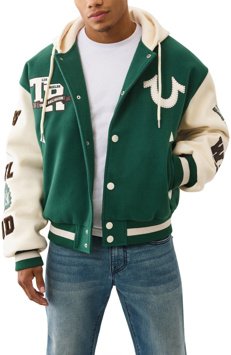 True Religion Cheer Varsity Jacket, Main, color, Evergreen / Winter White