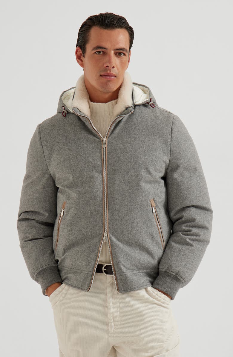 Brunello Cucinelli Down jacket with detachable hood, Alternate, color, Light Grey