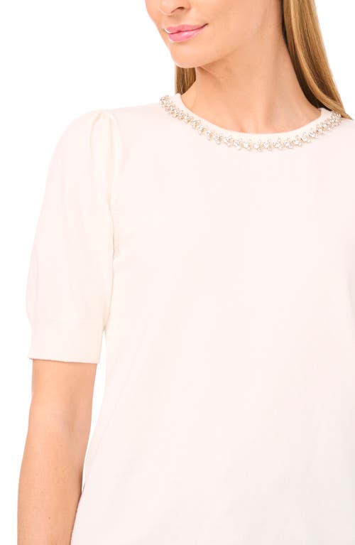 Cece Embellished Collar Short Sleeve Cotton Sweater In Neutral