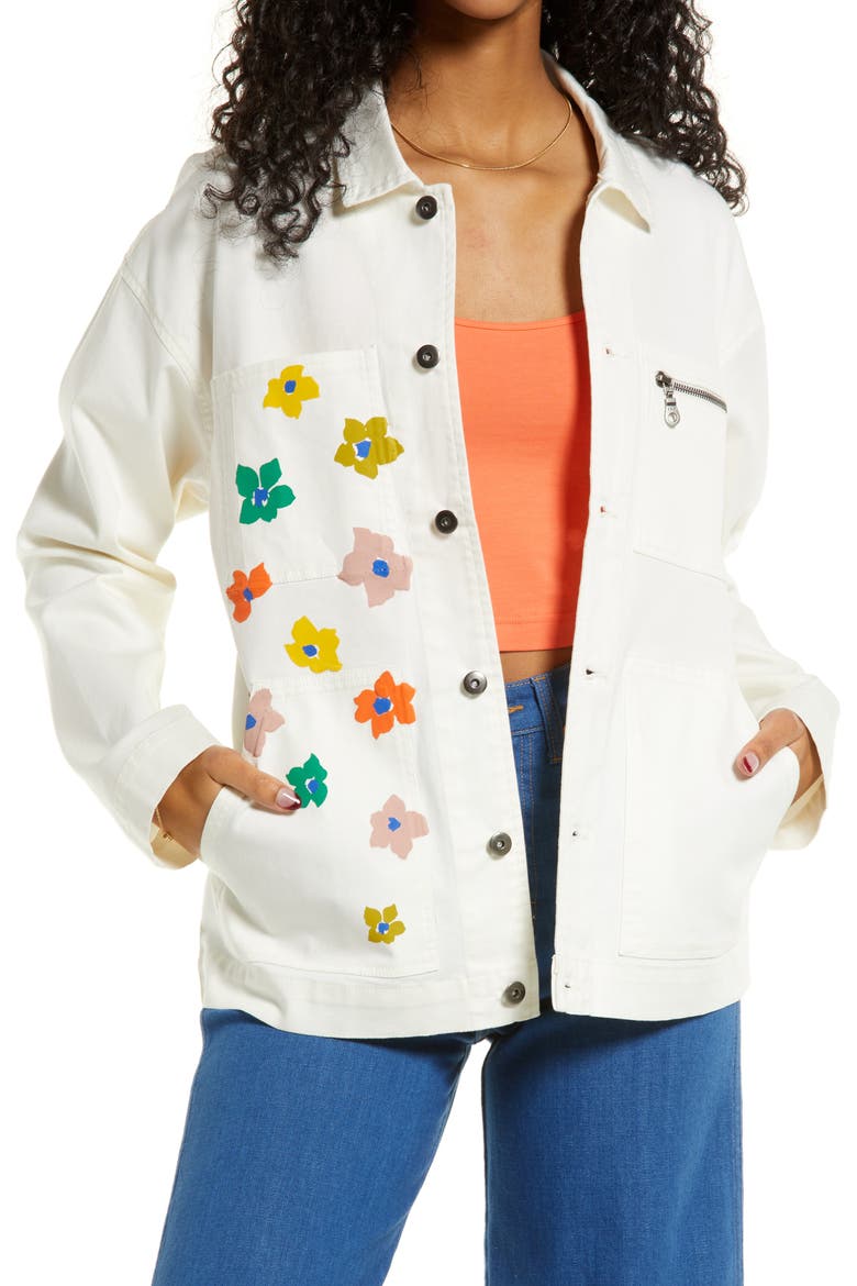 Cristina Martinez Stretch Twill Utility Jacket, Main, color, IVORY FLOWER POP