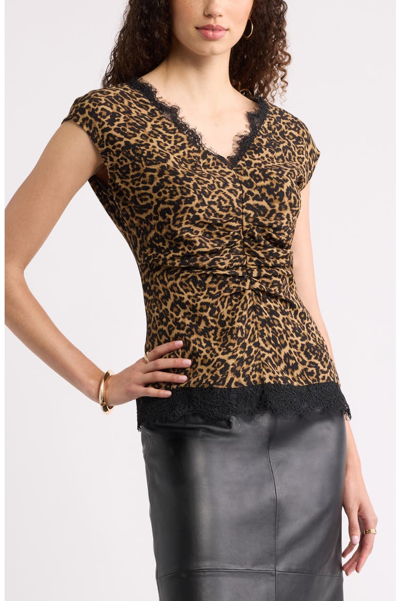 Lace Trim Ruched Top, Main, color, TAN- BLACK LEONE LEOPARD
