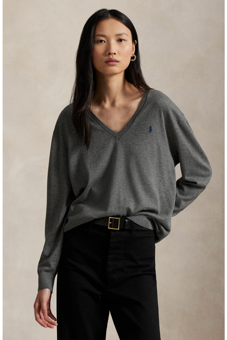 Relaxed Cotton V-Neck Sweater, Alternate, color, ANTIQUE HEATHER