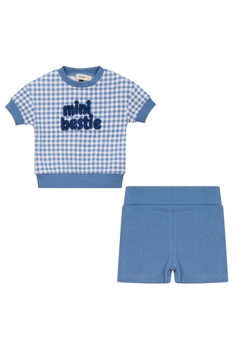 Checkered Mini Bestie 2 Piece Set Short Sleeve Top and Ribbed Shorts, Main, color, Blue/White