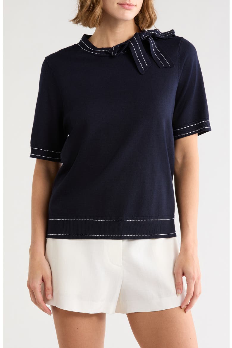 Side Tie Short Sleeve Sweater, Main, color, NAVY/ CREAM