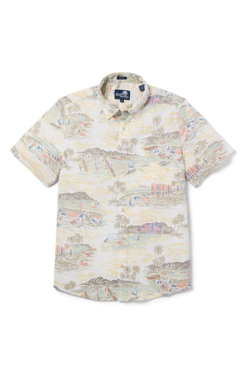Reyn Spooner Waikiki Nostalgia Short Sleeve Cotton Blend Button-Down Shirt, Main, color, Sunset