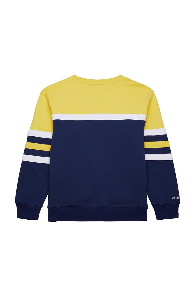 Men's Mitchell & Ness  Navy Michigan Wolverines Vintage Logo Head Coach Fleece Pullover Sweatshirt, Alternate, color, Navy