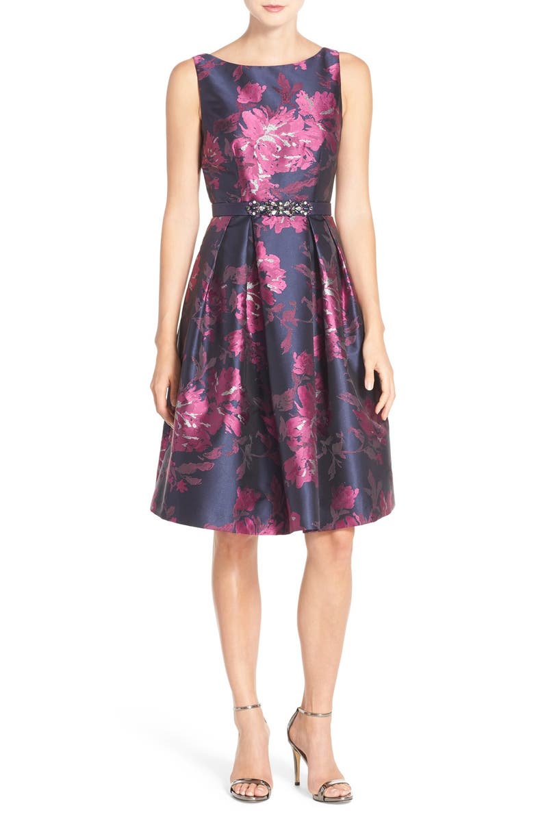 Eliza J Belted Metallic Jacquard Fit & Flare Dress, Main, color,