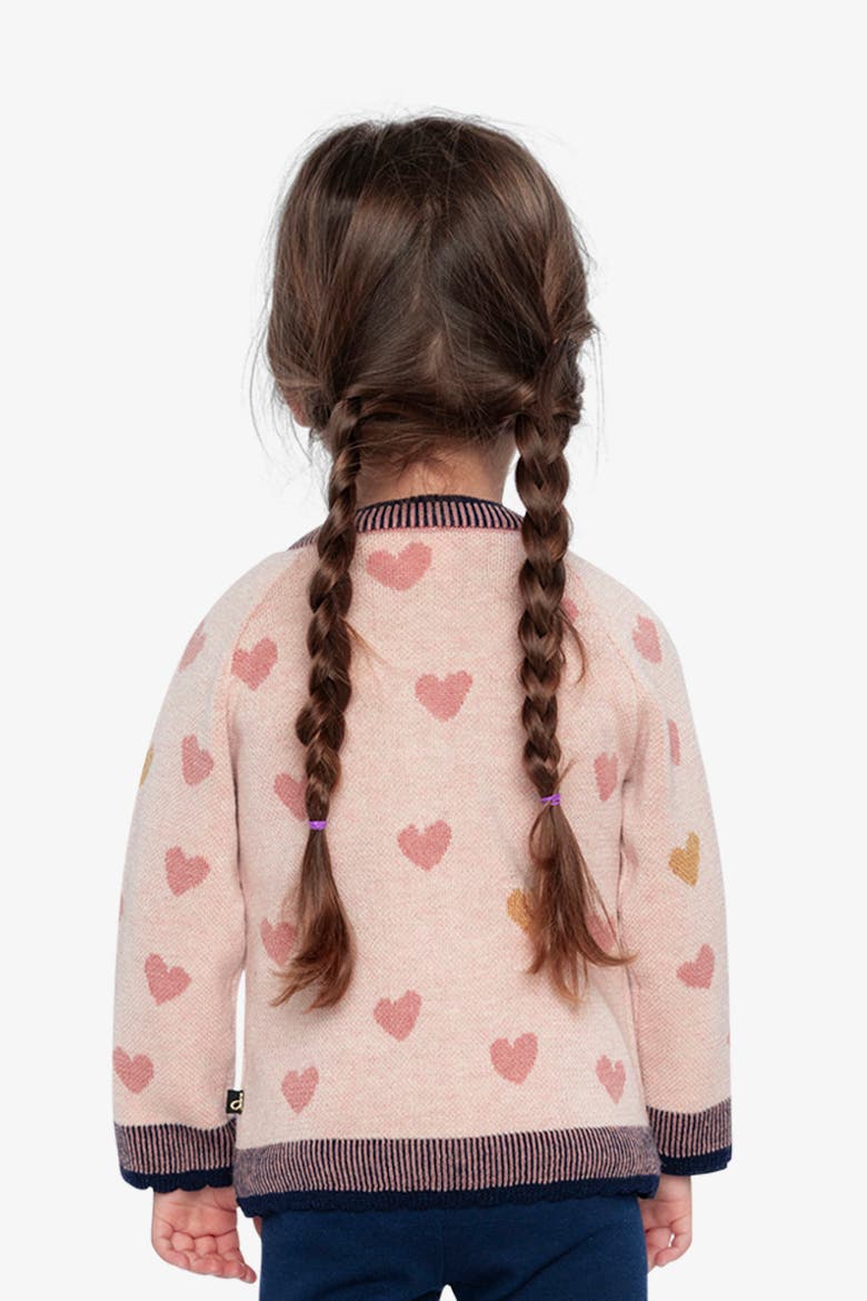 Knitted Jacquard Heart Pattern Scalloped Trim Cardigan, Alternate, color, Pale Dusty Pink and Navy
