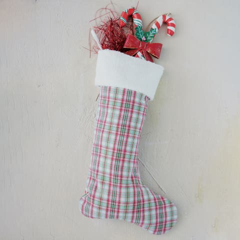 Plaid Woven Cotton Stocking with Faux Fur Cuff