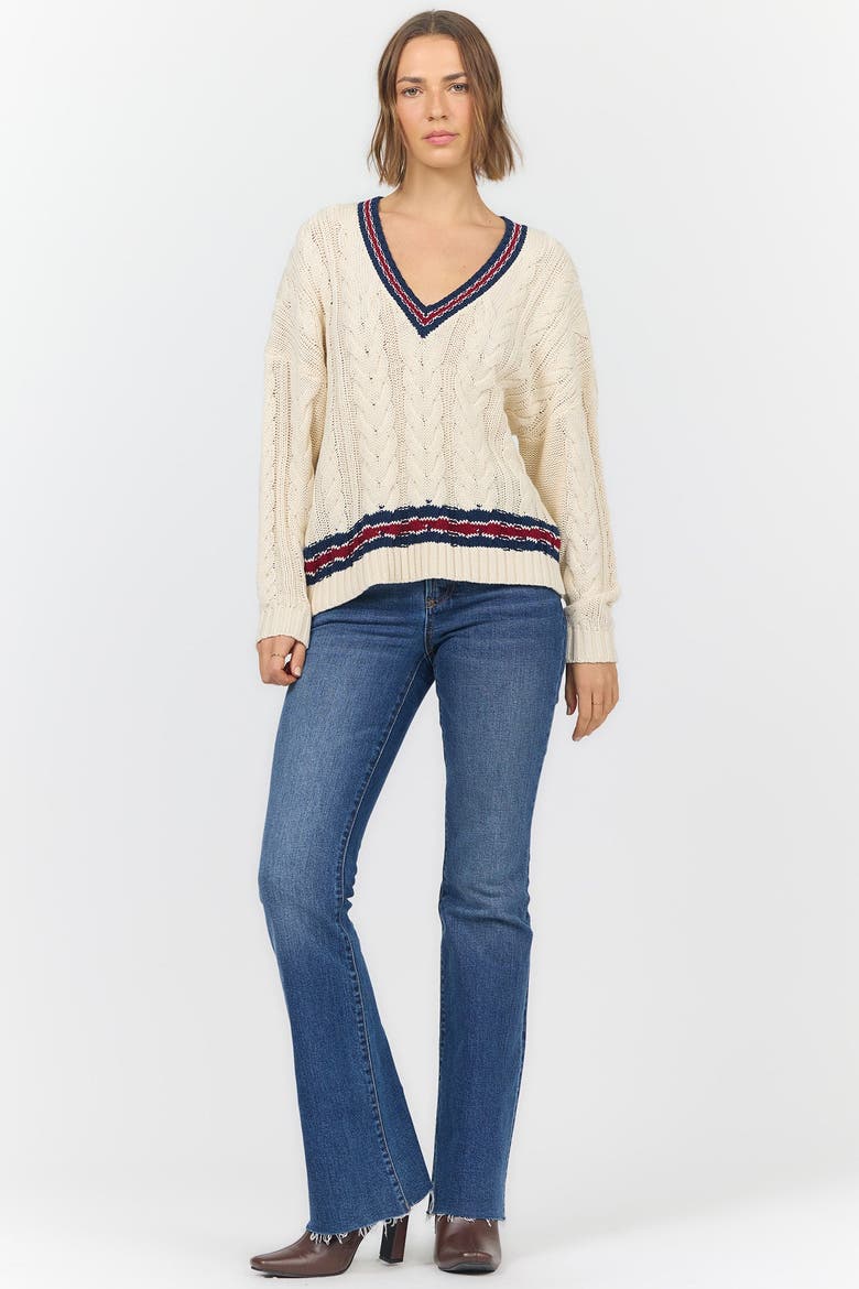 Kairi Long Sleeve V-Neck Cable Knit Sweater, Alternate, color, Academy Stripes