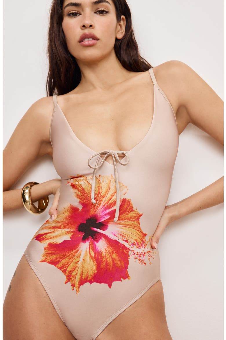 Satin Tiny Ties One-Piece Swimsuit, Alternate, color, CHAMPAGNE TROPICAL HIBISCUS001