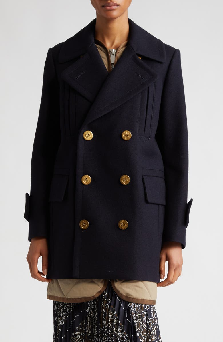 Sacai Double Breasted Wool Melton Coat, Main, color, 