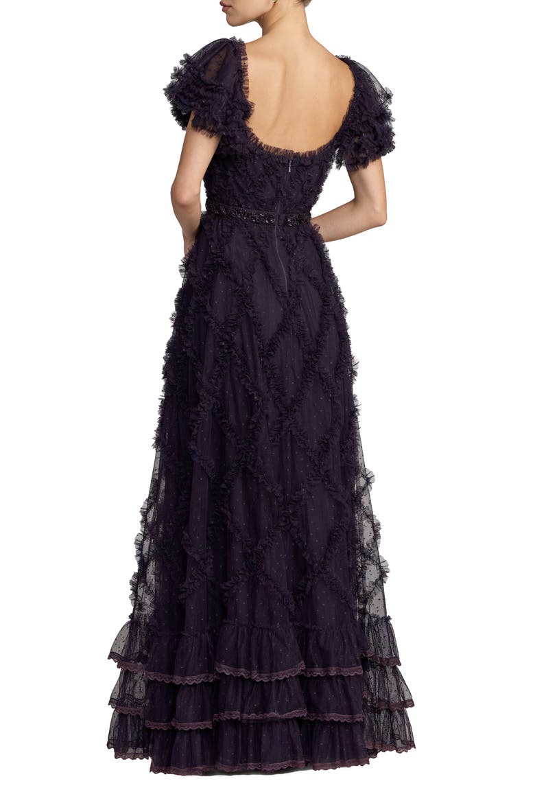 Mesh Short Sleeve Scoop Neck Ruffle Tiered A Line Dress, Alternate, color, Midnight