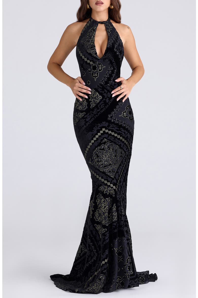 Oliviana Cutout Foil Devoré Halter Gown, Alternate, color, BLACK GOLD