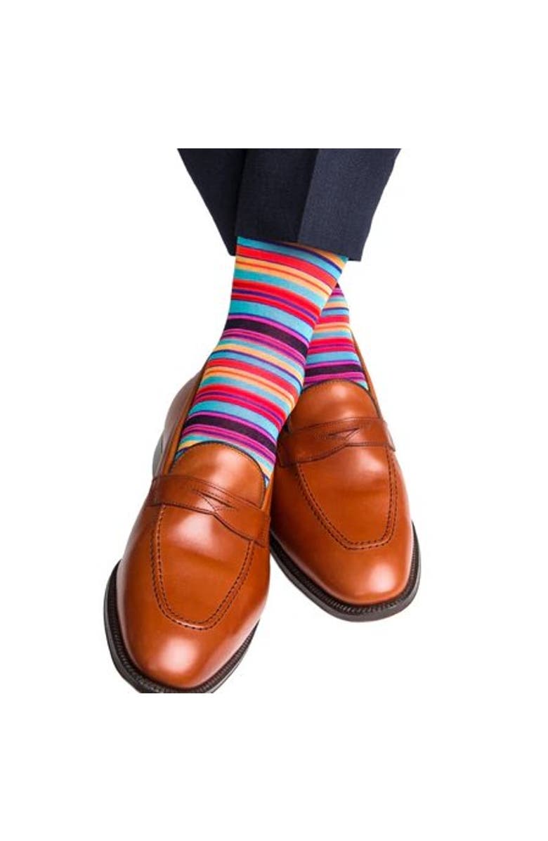 Trafalgar Brady Multi Stripe Mid-Calf Mercerized Cotton Socks, Alternate, color, Red, Yellow, Light Blue