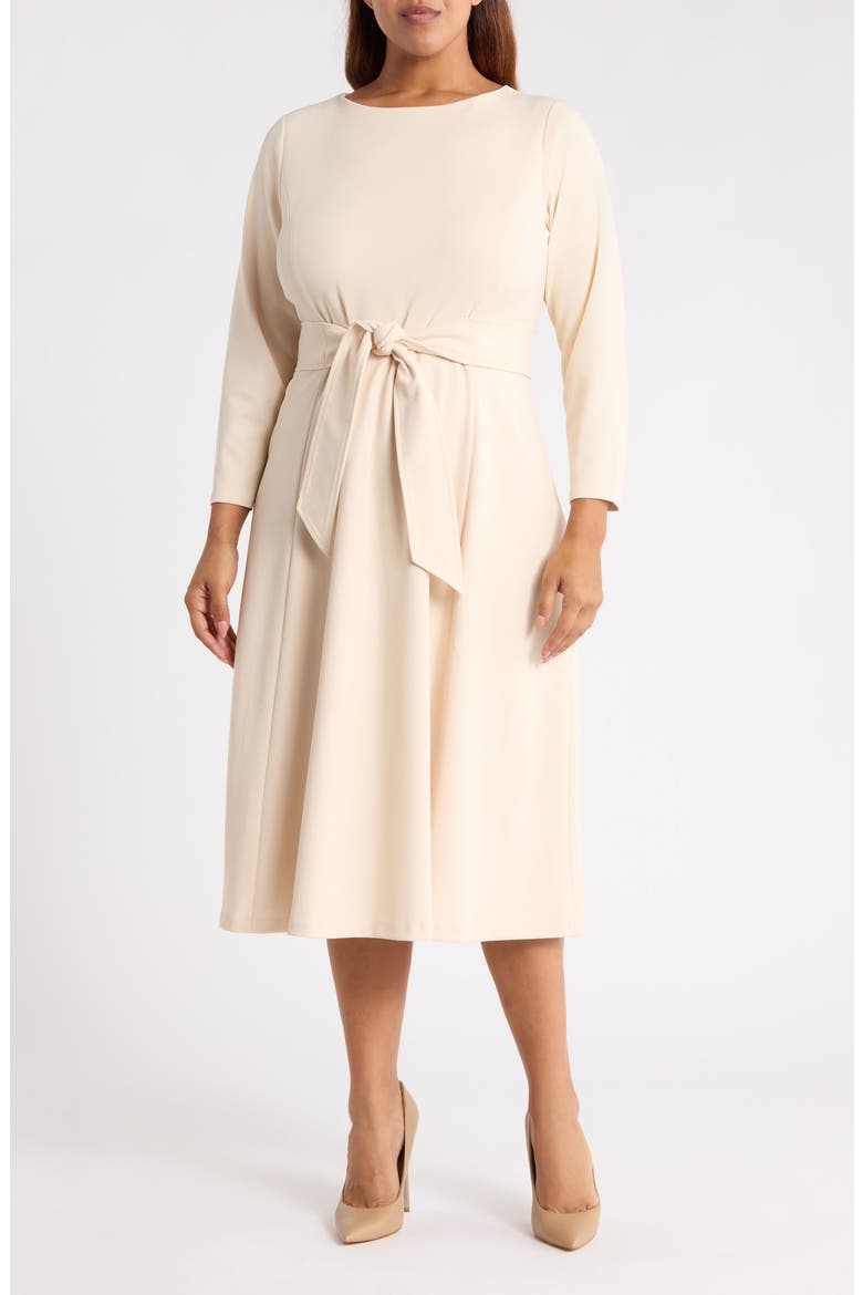Tie Waist Scuba Midi Dress, Main, color, MACADAMIA