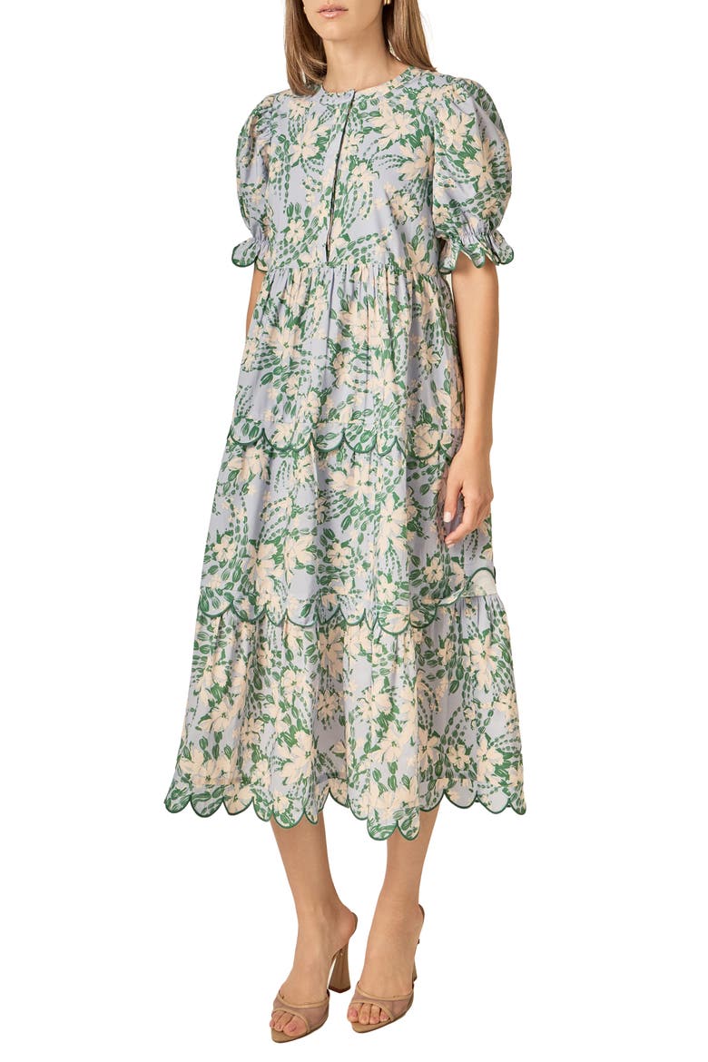 Floral Scallop Trim Tiered Midi Dress, Alternate, color, BLUE