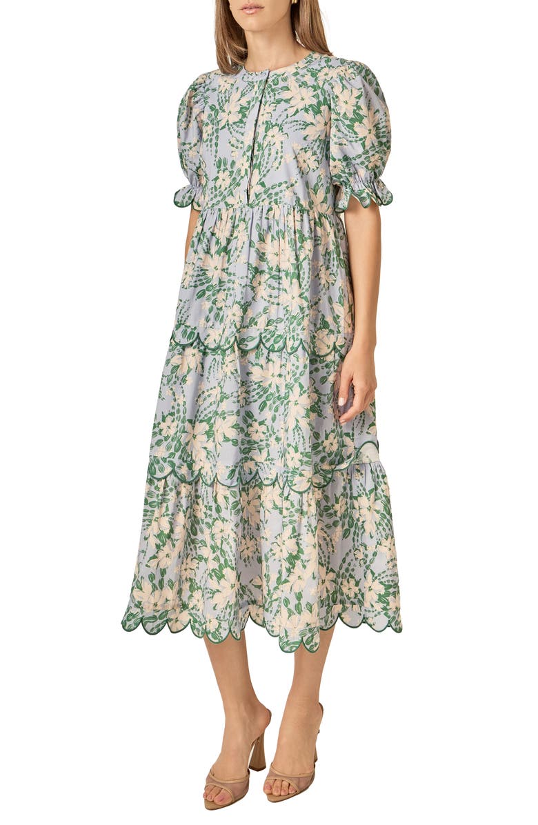 English Factory Floral Scallop Trim Tiered Midi Dress, Alternate, color, Blue