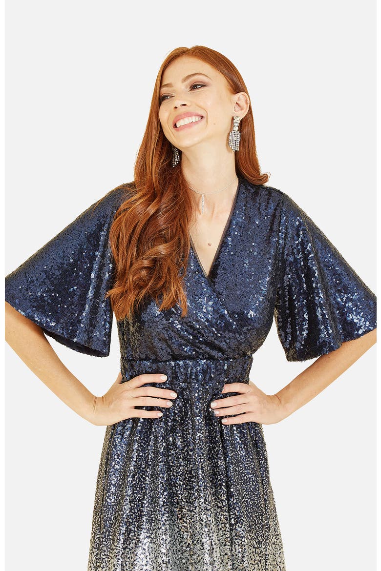 Ombre Sequin V-Neck Midi Dress, Alternate, color, Navy
