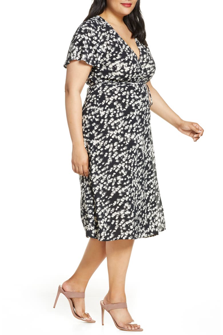 Print Flutter Sleeve Wrap Dress, Alternate, color, BLACK STARBURST