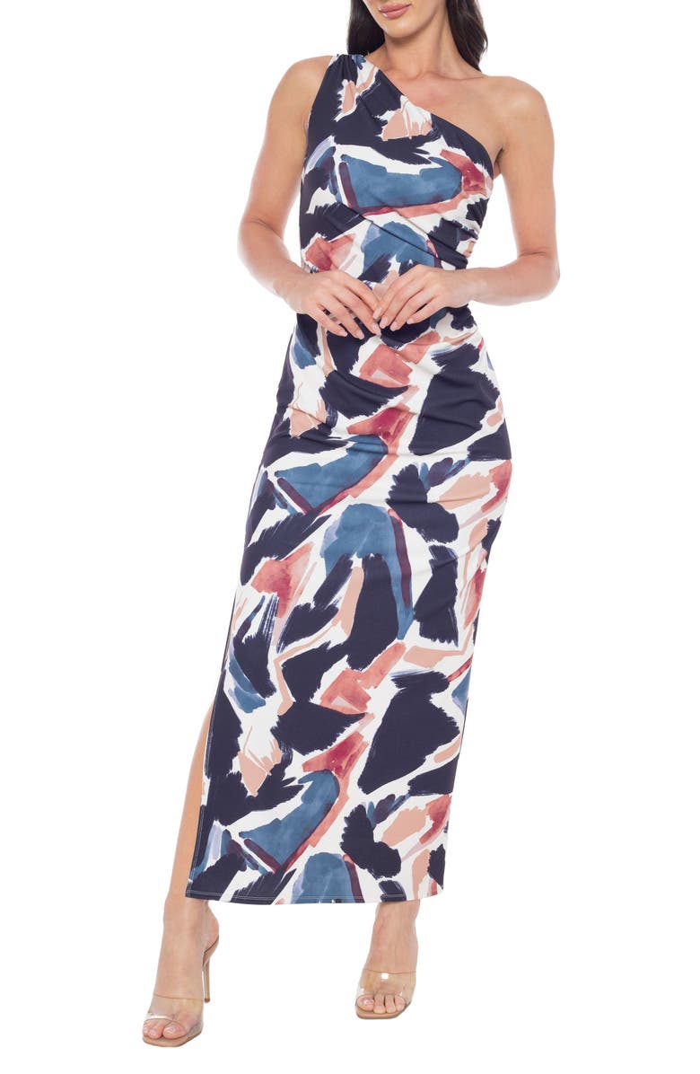 Marina One Shoulder Printed Maxi Dress, Main, color, Navy / Multi