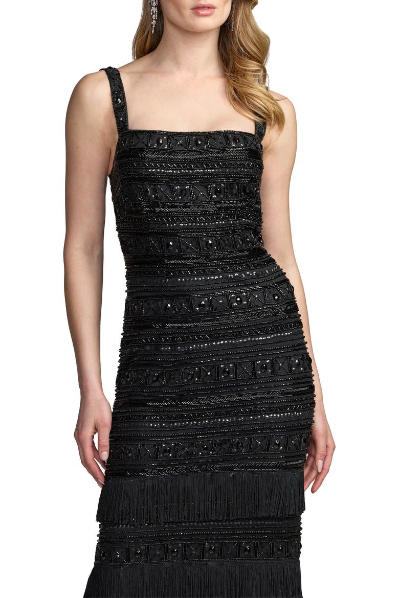 Geometric Embellished Gown With Fringe, Alternate, color, Black