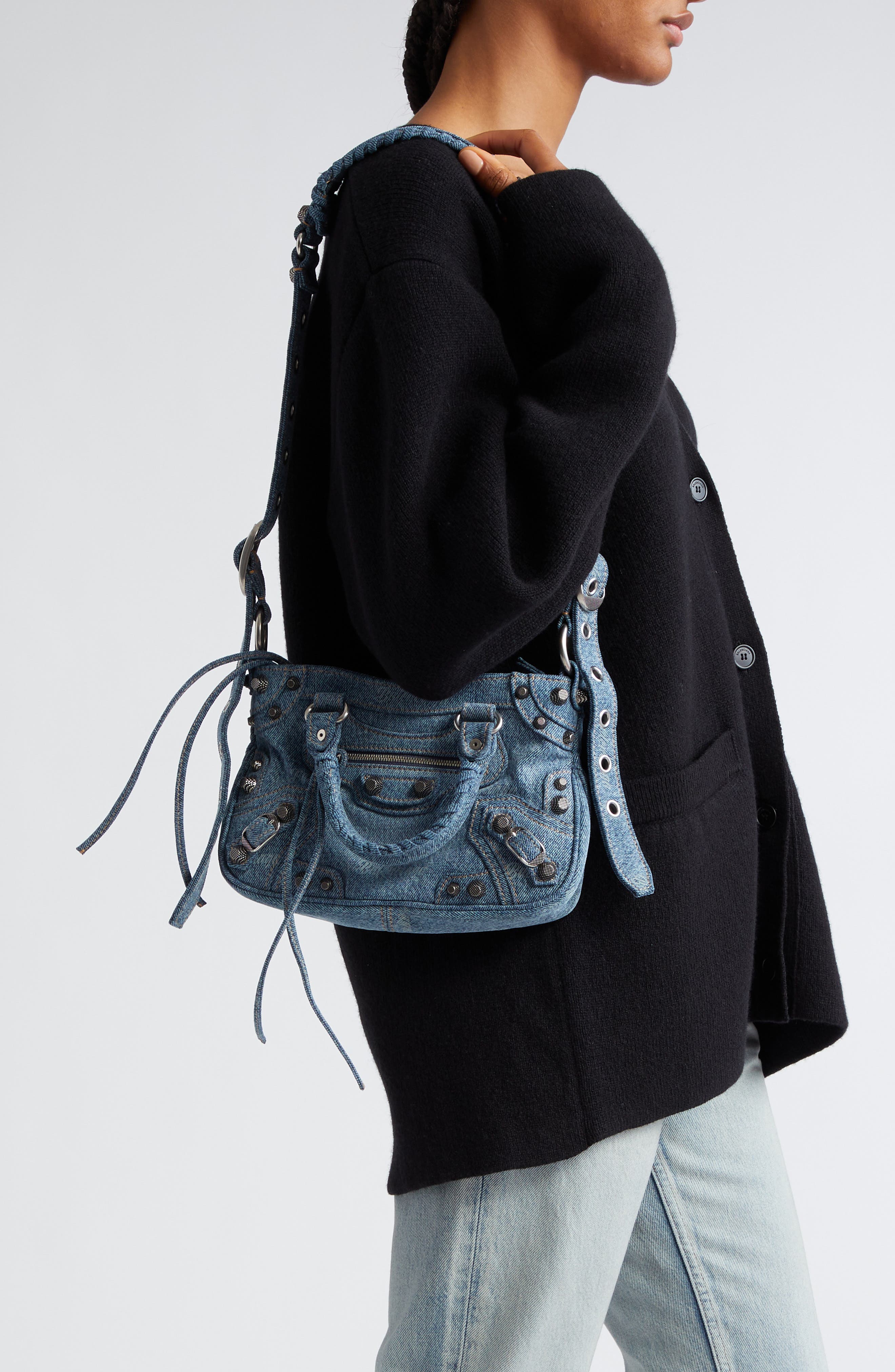 Balenciaga Small Neo Cagole Logo Denim Tote, Alternate, color, 4317 Pale Blue