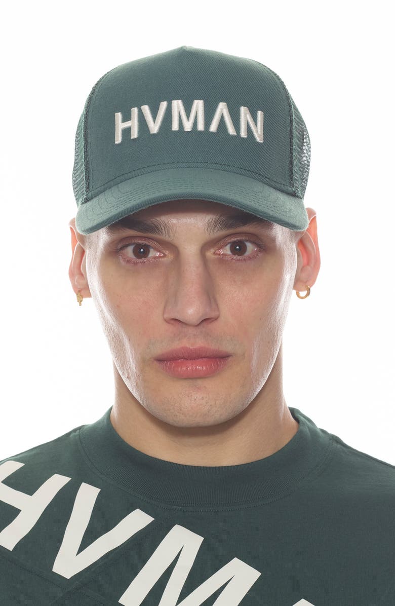 HVMAN Logo Mesh Trucker Hat, Alternate, color, Rain Forest
