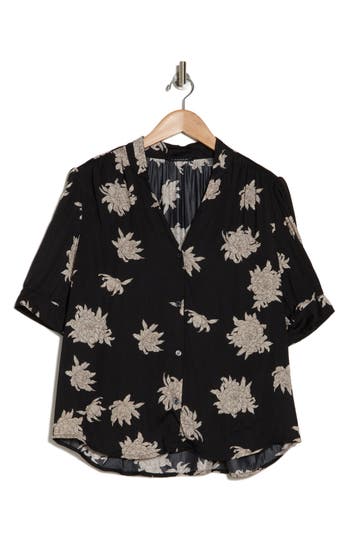 T Tahari Short Sleeve Airflow Blouse In Black Peony Print