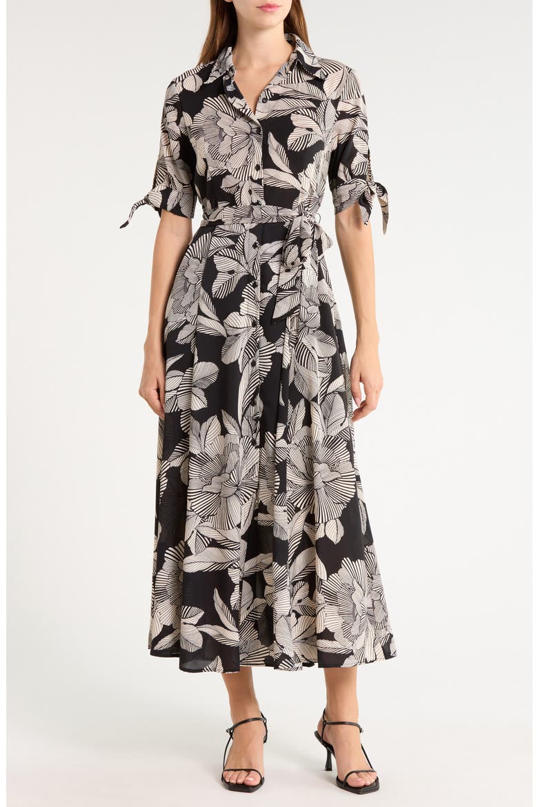 Floral Short Sleeve Tie Waist Shirtdress, Main, color, BLK/ TPE