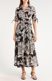 VIVID AURA Floral Short Sleeve Tie Waist Shirtdress
