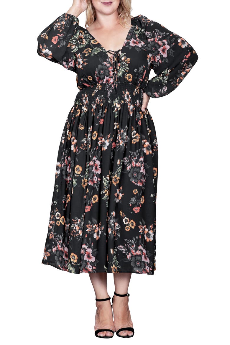 Floral Print Long Sleeve Georgette Midi Dress, Alternate, color, RUSTY FLORAL BLACK