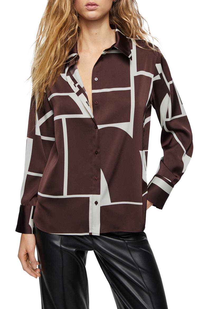 Print Satin Shirt, Main, color, BROWN